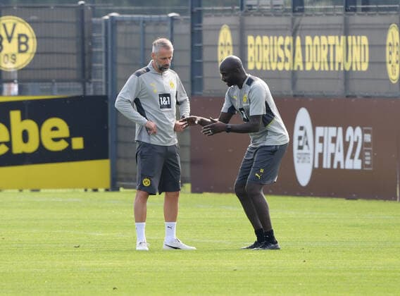 Coach Marco Rose Borussia Dortmund , li , with talent manager Otto Addo Borussia Dortmund 12 08 2021, Football GER, Season 2021 2022, 1 Bundesliga, Training Borussia Dortmund, , Photo Maik Hölter TEAM2sportphoto Dortmund North Rhine Westphalia Germany. Team2