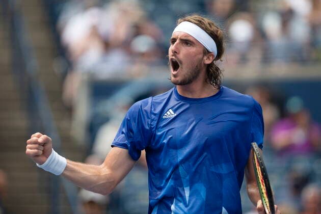 August 13, 2021, Toronto, on, Canada: Stefanos Tsitsipas of Greece celebrates after his 6-1, 6-4 win over Norway s Casper Ruud in menÃ¢â‚¬â ¢s National Bank Open tennis action in Toronto, Friday, Aug. 13, 2021 Stefanos Tsitsipas  - ZUMAc35_ 20210813_zaf_c35_022 Copyright: xChrisxYoungx