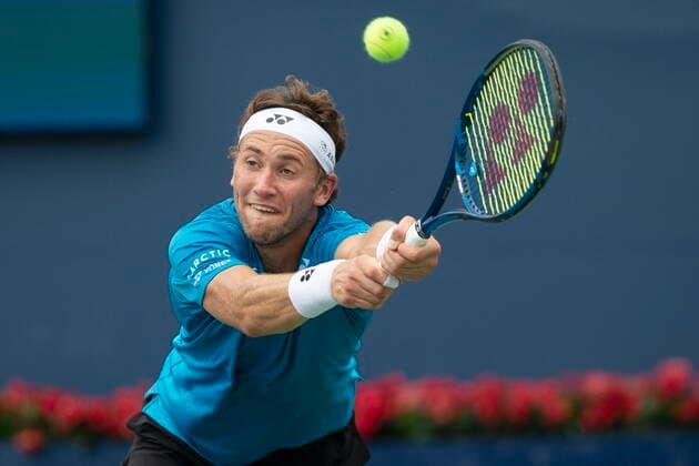 August 13, 2021, Toronto, on, Canada: Norway s Casper Ruud reaches for a shot during his 1-6, 4-6 loss to Stefanos Tsitsipas of Greece in menÃ¢â‚¬â ¢s National Bank Open tennis action in Toronto, Friday, Aug. 13, 2021 Casper Ruud  - ZUMAc35_ 20210813_zaf_c35_027 Copyright: xChrisxYoungx