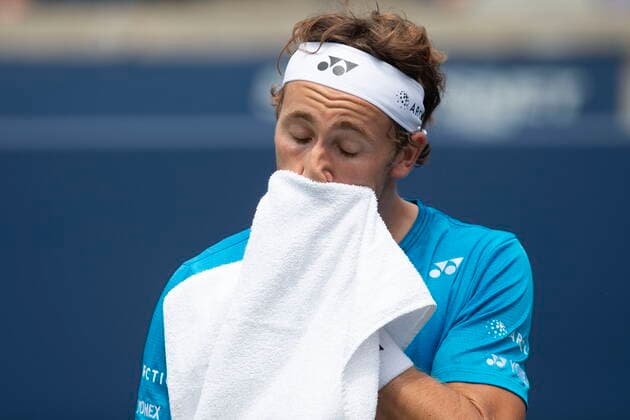 August 13, 2021, Toronto, on, Canada: Norway s Casper Ruud reacts during his 1-6, 4-6 loss to Stefanos Tsitsipas of Greece in menÃ¢â‚¬â ¢s National Bank Open tennis action in Toronto, Friday, Aug. 13, 2021 Casper Ruud  - ZUMAc35_ 20210813_zaf_c35_030 Copyright: xChrisxYoungx