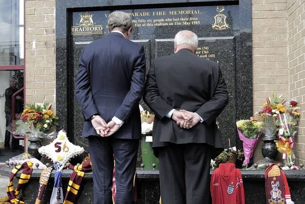 Mandatory Credit: Photo by Greig Cowie Bpi Shutterstock (4710844i) Football Association Chairman Greg Dyke and England Manager Roy Hodgson hold a wreath representing the FA at a ceremony commemorating the Bradford Football Club Fire disaster 30 years ago. Valley Parade, Bradford City Sky Bet League 1 2014 15 Bradford City v Barnsley Valley Parade, Bradford, United Kingdom - 25 Apr 2015 EDITORIAL USE ONLY No use with unauthorised audio, video, data, fixture lists (outside the EU), club league logos or live services. Online in-match use limited to 45 images (+15 in extra time). No use to emulate moving images. No use in betting, games or single club league player publications services. Sky Bet League 1 2014 15 Bradford City v Barnsley Valley Parade, Bradford, United Kingdom - 25 Apr 2015 EDITORIAL USE ONLY No use with unauthorised audio, video, data, fixture lists (outside the EU), club league logos or live services. Online in-match use limited to 45 images (+15 in extra time). No use to emulate moving images. No use in betting, games or Copyright: xGreigxCowie Bpi Shutterstockx 4710844i