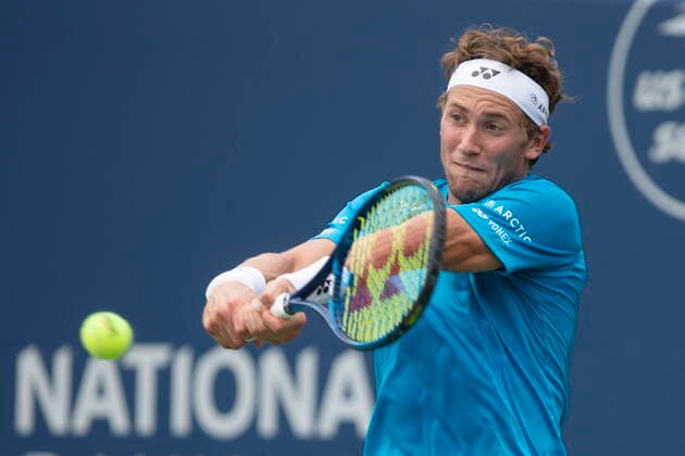 August 13, 2021, Toronto, on, Canada: Norway s Casper Ruud hits a backhand during his 1-6, 4-6 loss to Stefanos Tsitsipas of Greece in menÃ¢â‚¬â ¢s National Bank Open tennis action in Toronto, Friday, Aug. 13, 2021 Stefanos Tsitsipas of Greece.Norway s Casper Ruud  - ZUMAc35_ 20210813_zaf_c35_035 Copyright: xChrisxYoungx