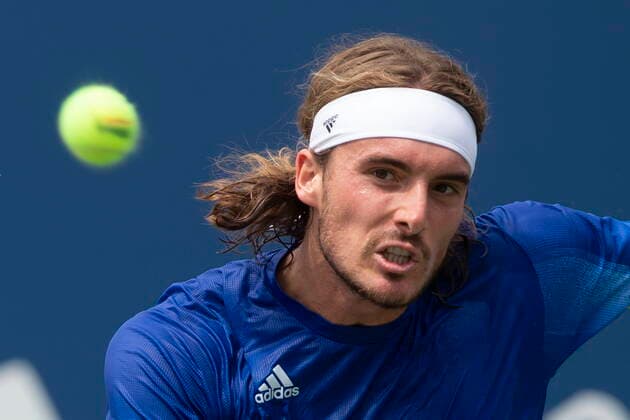 August 13, 2021, Toronto, on, Canada: Stefanos Tsitsipas of Greece eyes the ball during his 6-1, 6-4 win over Norway s Casper Ruud in menÃ¢â‚¬â ¢s National Bank Open tennis action in Toronto, Friday, Aug. 13, 2021 Stefanos Tsitsipas of Greece.Norway s Casper Ruud  - ZUMAc35_ 20210813_zaf_c35_036 Copyright: xChrisxYoungx
