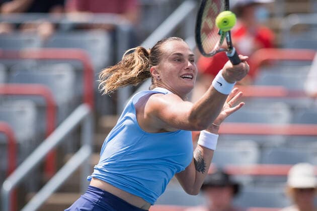 MONTREAL, QC - AUGUST 13: Aryna Sabalenka from Belarus competes during the quarterfinals of the WTA, Tennis Damen National Bank Open match on August 13, 2021 at IGA Stadium in Montreal, QC(Photo by Vincent Ethier Icon Sportswire) TENNIS: AUG 13 National Bank Open Icon2108130502