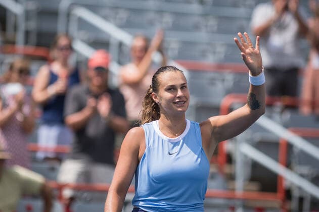 MONTREAL, QC - AUGUST 13: Aryna Sabalenka from Belarus waves to the crowd after winning her match against Victoria Azarenka from Belarus in the quarterfinals of the WTA, Tennis Damen National Bank Open match on August 13, 2021 at IGA Stadium in Montreal, QC(Photo by Vincent Ethier Icon Sportswire) TENNIS: AUG 13 National Bank Open Icon2108130673