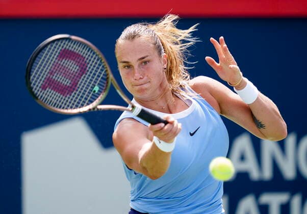 August 13, 2021, Montreal, PQ, Canada: Aryna Sabalenka of Belarus returns to her compatriot Victoria Azarenka during quarter-final play at the National Bank Open tennis tournament Friday, August 13, 2021 in Montreal. Aryna Sabalenka  - ZUMAc35_ 20210813_zaf_c35_028 Copyright: xPaulxChiassonx