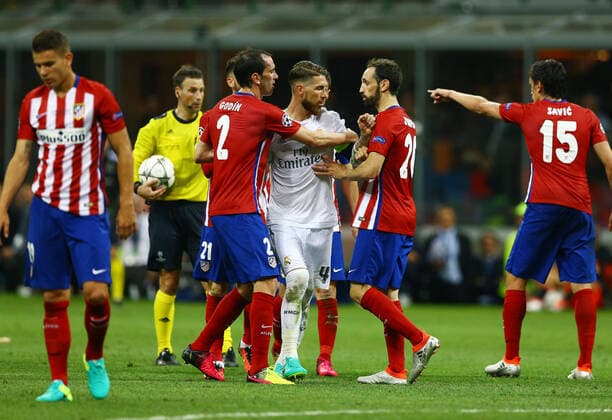 Mandatory Credit: Photo by Kieran Mcmanus BPI Shutterstock (5696816cu) Sergio Ramos of Real Madrid is held by Atletico Madrid players during the UEFA Champions League final between Real Madrid and Atletico Madrid played at the Giuseppe Meazza Stadium (San Siro), Milan, Italy on May 28th 2016 UEFA Champions League 2015 16 Final Real Madrid v Atletico Madrid San Siro, Giuseppe Meazza, Milan, Italy - 28 May 2016 EDITORIAL USE ONLY No use with unauthorised audio, video, data, fixture lists, club league logos or live services. Online in-match use limited to 75 images, no video emulation. No use in betting, games or single club league player publications. UEFA Champions League 2015 16 Final Real Madrid v Atletico Madrid San Siro, Giuseppe Meazza, Milan, Italy - 28 May 2016 EDITORIAL USE ONLY No use with unauthorised audio, video, data, fixture lists, club league logos or live services. Online in-match use limited to 75 images, no video emulation. No use in betting, games or single club league player publications. Copyright: xKieranxMcmanus BPI Shutterstockx 5696816cu