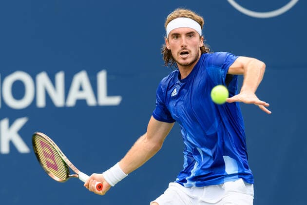 TORONTO, ON - AUGUST 13: Stefanos Tsitsipas (GRE) returns the ball during his National Bank Open tennis tournament quarterfinals game on August 13, 2021, at Aviva Centre in Toronto, ON, Canada. (Photo by Julian Avram Icon Sportswire) TENNIS: AUG 13 National Bank Open Icon2108122262