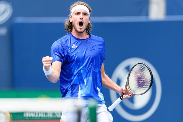 TORONTO, ON - AUGUST 13: Stefanos Tsitsipas (GRE) celebrates after winning his National Bank Open tennis tournament quarterfinals game on August 13, 2021, at Aviva Centre in Toronto, ON, Canada. (Photo by Julian Avram Icon Sportswire) TENNIS: AUG 13 National Bank Open Icon2108122274