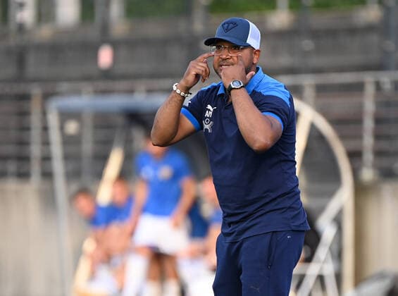 Football, Men, Regionalliga Nordost, Season 2021 2022 5 Matchday , SV Tasmania Berlin FSV Luckenwalde, Coach Abu Njie SV Tasmania Berlin , 13 08 2021, Copyright: xMatthiasxKochx
