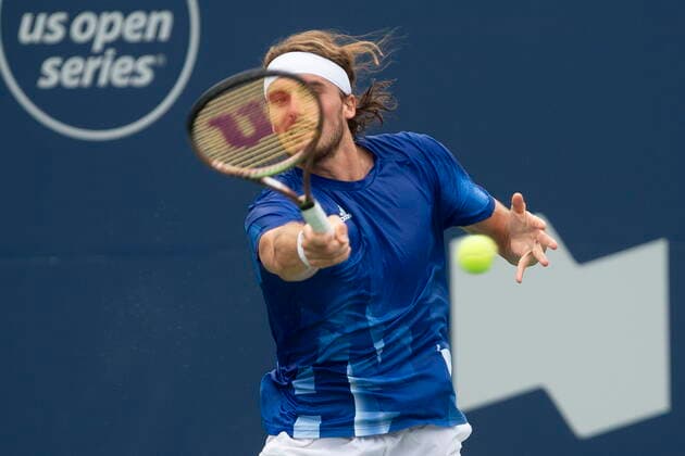 August 13, 2021, Toronto, Canada: STEFANOS TSITSIPAS of Greece hits a return during his 6-1, 6-4 win over Norway s Casper Ruud in men s National Bank Open tennis action. Tennis 2021: National Bank Open: Day 5  - ZUMAc35_ 20210813_zaf_c35_026 Copyright: xChrisxYoungx