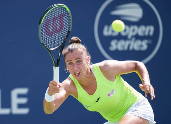 August 13, 2021, Montreal, PQ, Canada: Sara Sorribes Tormo, of Spain, returns to Karolina Pliskova, of the Czech Republic, during quarter-final National Bank Open women s tennis tournament action, in Montreal, Friday, Aug. 13, 2021. Sara Sorribes Tormo  - ZUMAc35_ 20210813_zaf_c35_071 Copyright: xPaulxChiassonx