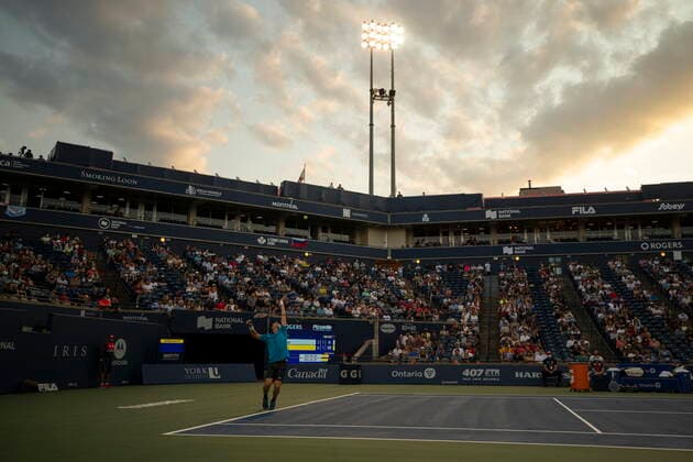 August 13, 2021, Toronto, on, Canada: Hubert Hurkacz, of Poland, serves to Daniil Medvedev, of Russia, during their quarter final match on Day 5 of the National Bank Open men s tennis tournament in Toronto, Friday, Aug. 13, 2021. Canada News - August 13, 2021 - ZUMAc35_ 20210813_zaf_c35_177 Copyright: xColexBurstonx