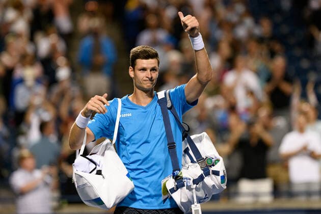 TORONTO, ON - AUGUST 13: Hubert Hurkacz (POL) reacts after his National Bank Open tennis tournament quarterfinals match on August 13, 2021, at Aviva Centre in Toronto, ON, Canada. (Photo by Julian Avram Icon Sportswire) TENNIS: AUG 13 National Bank Open Icon2108130802