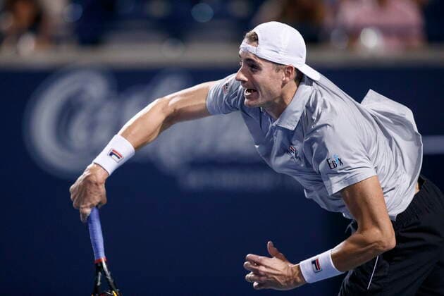 August 13, 2021, Toronto, on, Canada: John Isner, of United States, serves to Gael Monfils, of France, during their quarter final match on Day 5 of the National Bank Open men s tennis tournament in Toronto, Friday, Aug. 13, 2021. Canada News - August 13, 2021 - ZUMAc35_ 20210813_zaf_c35_218 Copyright: xColexBurstonx