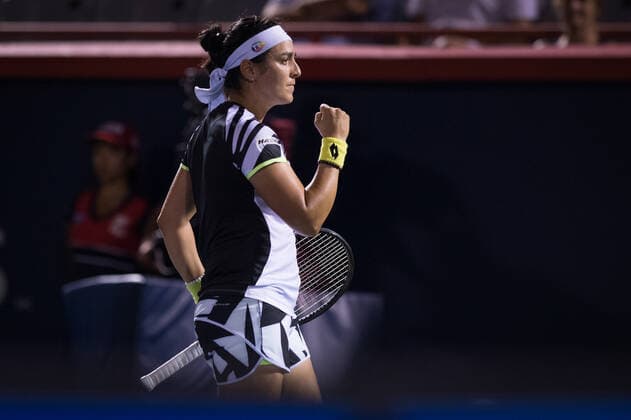 MONTREAL, QC - AUGUST 13: Ons Jabeur from Tunisia reacts after winning a play during the quarterfinals of the WTA, Tennis Damen National Bank Open match on August 13, 2021 at IGA Stadium in Montreal, QC(Photo by Vincent Ethier Icon Sportswire) TENNIS: AUG 13 National Bank Open Icon2108132240