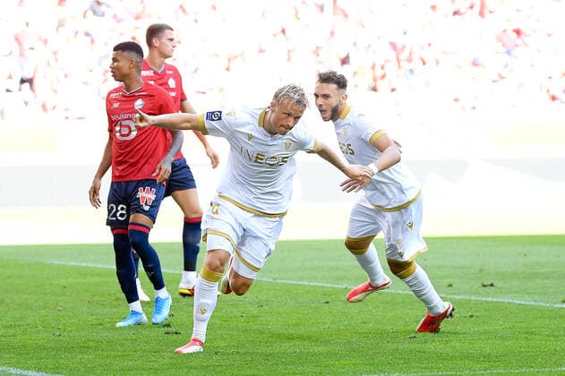 JOIE - FAIR PLAY - 09 KASPER DOLBERG (OGCN) - 11 AMINE GOUIRI (OGCN) FOOTBALL : Lille vs Nice - Ligue 1 Uber Eats - 14 08 2021 FEP Panoramic 