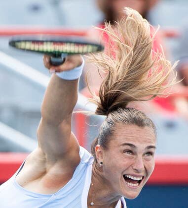 August 14, 2021, Montreal, PQ, Canada: Aryna Sabalenka, of Belarus, serves to Karolina Pliskova, of the Czech Republic, during semifinal National Bank Open women s tennis tournament action in Montreal, Saturday, Aug. 14, 2021. Aryna Sabalenka, Karolina Pliskova ,  - ZUMAc35_ 20210814_zaf_c35_017 Copyright: xGrahamxHughesx