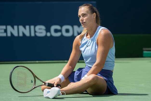 Sport Bilder des Tages August 14, 2021, Montreal, PQ, Canada: Aryna Sabalenka, of Belarus, reacts during her match with Karolina Pliskova, of the Czech Republic, in semifinal National Bank Open women s tennis tournament action in Montreal, Saturday, Aug. 14, 2021. Aryna Sabalenka, Karolina Pliskova ,  - ZUMAc35_ 20210814_zaf_c35_019 Copyright: xGrahamxHughesx