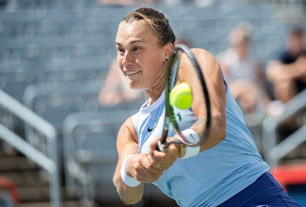 August 14, 2021, Montreal, PQ, Canada: Aryna Sabalenka, of Belarus, returns to Karolina Pliskova, of the Czech Republic, during semifinal National Bank Open women s tennis tournament action in Montreal, Saturday, Aug. 14, 2021. Aryna Sabalenka, Karolina Pliskova ,  - ZUMAc35_ 20210814_zaf_c35_020 Copyright: xGrahamxHughesx