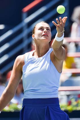 MONTREAL, QC - AUGUST 14: Aryna Sabalenka (BLR) serves the ball during the semifinal WTA, Tennis Damen National Bank Open match on August 14, 2021 at IGA Stadium in Montreal, QC (Photo by David Kirouac Icon Sportswire) TENNIS: AUG 14 National Bank Open Icon210814003