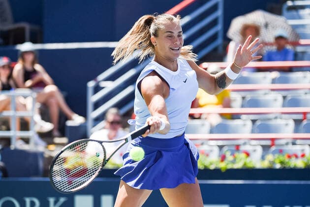 MONTREAL, QC - AUGUST 14: Aryna Sabalenka (BLR) returns the ball during the semifinal WTA, Tennis Damen National Bank Open match on August 14, 2021 at IGA Stadium in Montreal, QC (Photo by David Kirouac Icon Sportswire) TENNIS: AUG 14 National Bank Open Icon210814004