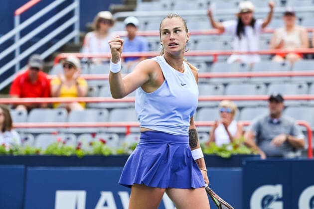 August 14, 2021: Aryna Sabalenka (BLR) shows pride after scoring a point during the WTA, Tennis Damen National Bank Open semifinal match at IGA Stadium in Montreal, Quebec. CSM Montreal Canada - ZUMAc04_ 20210814_zaf_c04_032 Copyright: xDavidxKirouacx