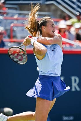 MONTREAL, QC - AUGUST 14: Aryna Sabalenka (BLR) returns the ball during the semifinal WTA, Tennis Damen National Bank Open match on August 14, 2021 at IGA Stadium in Montreal, QC (Photo by David Kirouac Icon Sportswire) TENNIS: AUG 14 National Bank Open Icon210814012