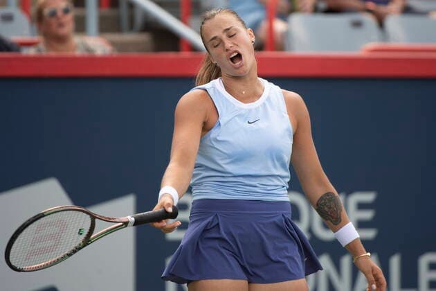 August 14, 2021, Montreal, PQ, Canada: Aryna Sabalenka, of Belarus, reacts during her match with Karolina Pliskova, of the Czech Republic, during semifinal National Bank Open women s tennis tournament action in Montreal, Saturday, Aug. 14, 2021. Aryna Sabalenka, Karolina Pliskova , - ZUMAc35_ 20210814_zaf_c35_024 Copyright: xGrahamxHughesx