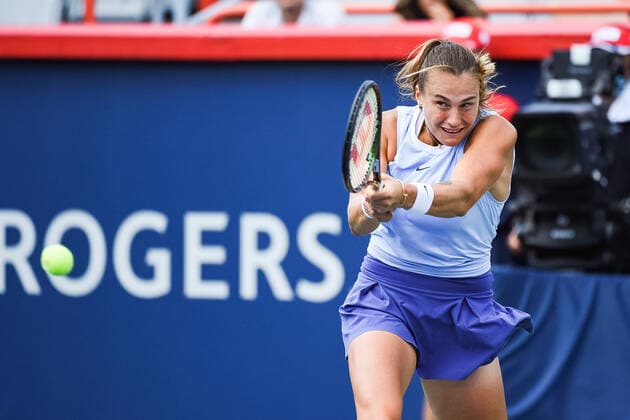 MONTREAL, QC - AUGUST 14: Aryna Sabalenka (BLR) returns the ball during the semifinal WTA, Tennis Damen National Bank Open match on August 14, 2021 at IGA Stadium in Montreal, QC (Photo by David Kirouac Icon Sportswire) TENNIS: AUG 14 National Bank Open Icon210814021