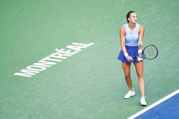 MONTREAL, QC - AUGUST 14: Aryna Sabalenka (BLR) serves the ball during the semifinal WTA, Tennis Damen National Bank Open match on August 14, 2021 at IGA Stadium in Montreal, QC (Photo by David Kirouac Icon Sportswire) TENNIS: AUG 14 National Bank Open Icon210814067