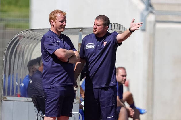 Oberhausen, Germany 14 08 2021,Sporting director Patrick Schneider KFC Uerdingen talks to coach Dmitri Voronov KFC Uerdingen , during the Regionalliga West match between Rot Weiß Oberhausen and KFC Uerdingen at Stadion Niederrhein on 14 August 2021 in Oberhausen Oberhausen Stadion Niederrhein North Rhine Westphalia Germany Copyright: xStefanxBrauerx
