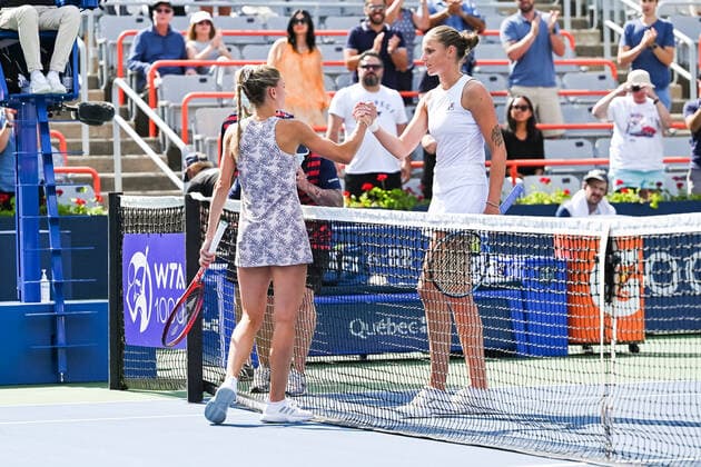 MONTREAL, QC - AUGUST 15: Camila Giorgi (ITA) and Karolina Pliskova (CZE) shake hands at the end of the match during the final WTA, Tennis Damen National Bank Open match on August 15, 2021 at IGA Stadium in Montreal, QC (Photo by David Kirouac Icon Sportswire) TENNIS: AUG 15 National Bank Open Icon210815002