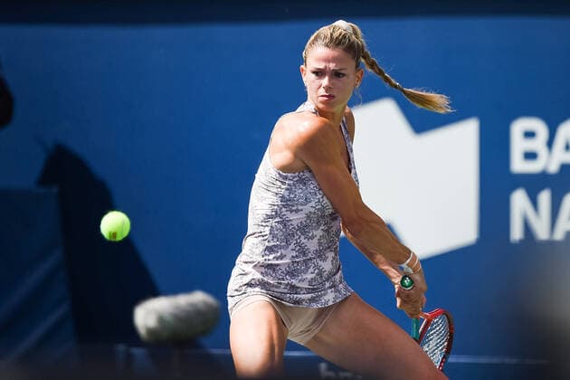 August 15, 2021: Camila Giorgi (ITA) returns the ball during the WTA, Tennis Damen National Bank Open final match at IGA Stadium in Montreal, Quebec. CSM Montreal Canada - ZUMAc04_ 20210815_zaf_c04_029 Copyright: xDavidxKirouacx