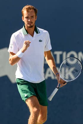 TORONTO, ON - AUGUST 15: Daniil Medvedev (RUS) celebrates after winning a point during the National Bank Open tennis tournament Final on August 15, 2021, at Aviva Centre in Toronto, ON, Canada. (Photo by Julian Avram Icon Sportswire) TENNIS: AUG 15 National Bank Open Icon2108150163