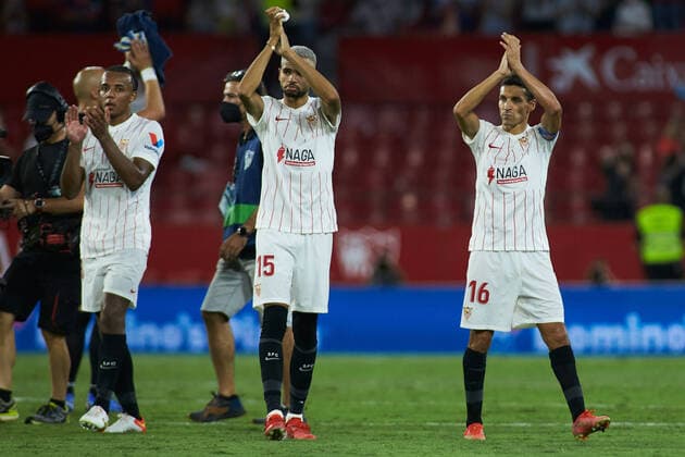 August 16, 2021, SEVILLA, SEVILLA, SPAIN: Jesus Navas and Youssef En-Nesyri of Sevilla celebrates the victory during the spanish league, La Liga Santander, football match played between Sevilla FC and Rayo Vallecano at Ramon Sanchez-Pizjuan stadium on August 15, 2021, in Sevilla, Spain. SEVILLA SPAIN - ZUMAa181 20210816_zaa_a181_007 Copyright: xJoaquinxCorcherox