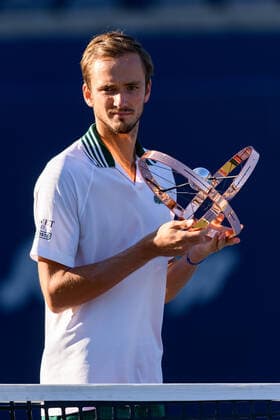 TORONTO, ON - AUGUST 15: Daniil Medvedev (RUS) poses with the championship trophy after winning the National Bank Open tennis tournament Final on August 15, 2021, at Aviva Centre in Toronto, ON, Canada. (Photo by Julian Avram Icon Sportswire) TENNIS: AUG 15 National Bank Open Icon2108150197