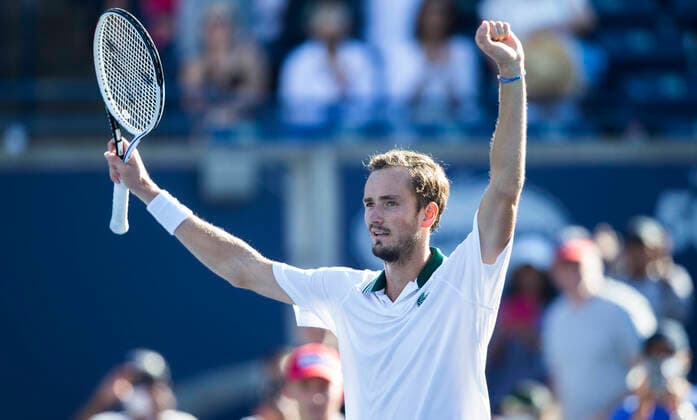 (210816) -- TORONTO, Aug. 16, 2021 -- Daniil Medvedev of Russia celebrates after winning the men s singles final against Reilly Opelka of the United States at the 2021 National Bank Open in Toronto, Canada, on Aug. 15, 2021. (Photo by Xinhua) (SP)CANADA-TORONTO-TENNIS-NATIONAL BANK OPEN-MEN S SINGLES-FINAL ZouxZheng 