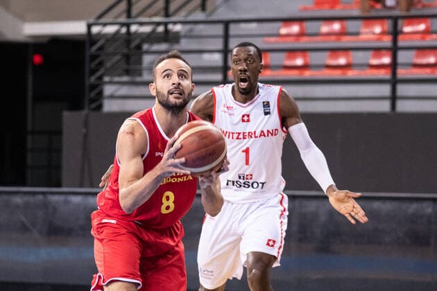 16 08 2021, Skoplje, Jane Sandanski Arena, World Cup European Pre Qualifiers Switzerland North Macedonia, 8 Damjan Robev North Macedonia against Michel Ofik Nzege Switzerland Skoplje Skoplje North Macedonia  Copyright: xJustPictures.ch NikolaxKrsticx