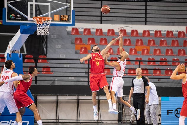 16 08 2021, Skoplje, Jane Sandanski Arena, World Cup European Pre Qualifiers Switzerland North Macedonia, Jonathan Kazadi Switzerland against 9 Andrej Magdevski North Macedonia Skoplje Skoplje North Macedonia.  Copyright: xJustPictures.ch NikolaxKrsticx