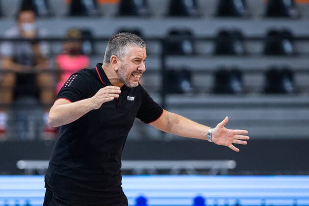 16 08 2021, Skoplje, Jane Sandanski Arena, World Cup European Pre Qualifiers Switzerland North Macedonia, head coach Ilias Papatheodorou Switzerland Skoplje Skoplje North Macedonia  Copyright: xJustPictures.ch NikolaxKrsticx