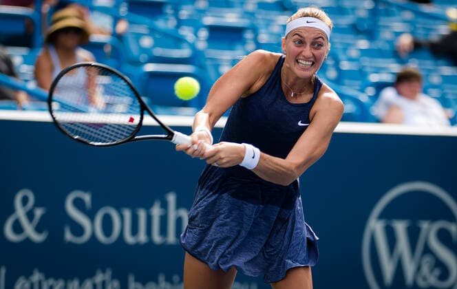 August 16, 2021, CINCINNATI, UNITED STATES: Petra Kvitova of the Czech Republic in action during the first round of the 2021 Western & Southern Open WTA, Tennis Damen 1000 tennis tournament against Madison Keys of the United States CINCINNATI UNITED STATES - ZUMAa181 20210816_zaa_a181_078 Copyright: xRobxPrangex