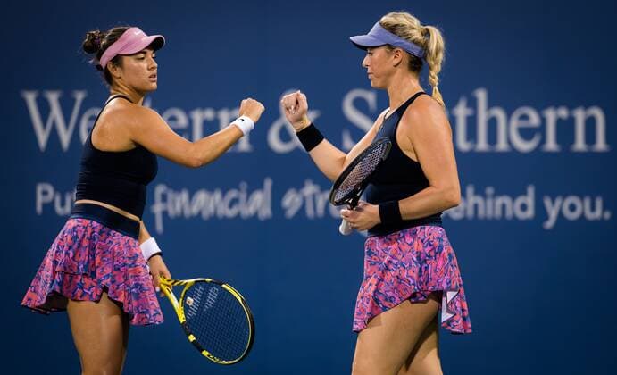Mandatory Credit: Photo by Rob Prange Shutterstock (12294756ct) Desirae Krawczyk of the United States & Alexa Guarachi of Chile playing doubles at the 2021 Western & Southern Open WTA, Tennis Damen 1000 tennis tournament Western & Southern Open Day Three, Tennis, Cincinnati, USA, 16 Aug 2021 Western & Southern Open Day Three, Tennis, Cincinnati, USA, 16 Aug 2021  Copyright: xRobxPrange Shutterstockx 12294756ct