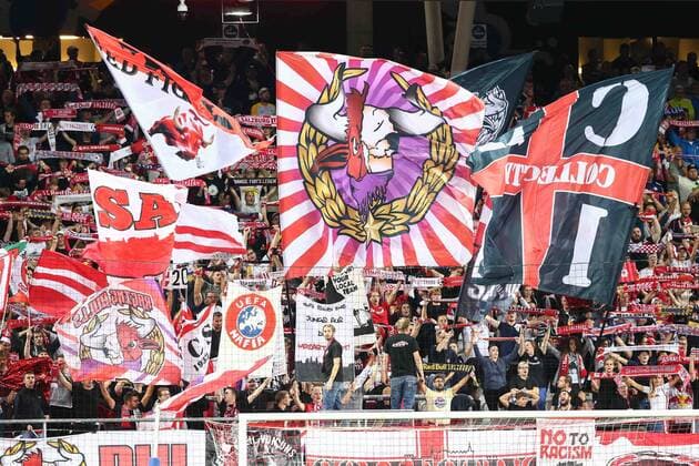SOCCER - UEFA CL, RBS vs Broendby SALZBURG,AUSTRIA,17.AUG.21 - SOCCER - UEFA Champions League play off, Red Bull Salzburg vs Broendby IF Kopenhagen. Image shows supporters of RBS.  GEPAxpictures xDavidxGeieregger