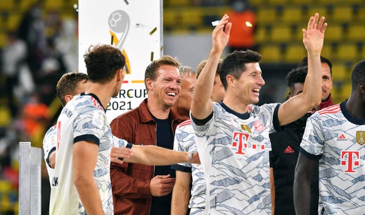 Football, Bundesliga, Germany, men, season 2021 2022, Supercup, Signal Iduna Park Dortmund Bor Dortmund, BVB yellow FC Bayern Munich, FCB white 1 3 head coach Julian Nagelsmann FCB wins his first trophy with Bayern jubilation, joy, action DFB DFL REGULATES PROHIBIT ANY USE OF PHOTOGRAPHS AS IMAGE SEQUENCES AND OR QUASI VIDEO
