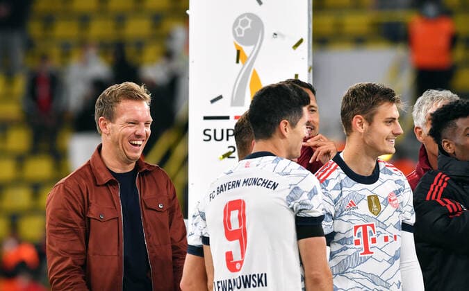 Football, Bundesliga, Germany, men, season 2021 2022, Supercup, Signal Iduna Park Dortmund Bor Dortmund, BVB yellow FC Bayern Munich, FCB white 1 3 head coach Julian Nagelsmann FCB wins his first trophy with Bayern jubilation, joy, action DFB DFL REGULATES PROHIBIT ANY USE OF PHOTOGRAPHS AS IMAGE SEQUENCES AND OR QUASI VIDEO