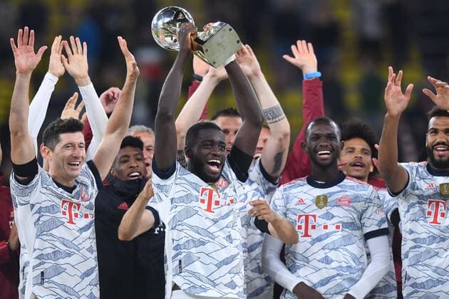 Football Supercup FC Bayern München Borussia Dortmund on 17 08 2021 at Signal Iduna Park in Dortmund Award ceremony Supercup 2021 Dayot Upamecano Munich with the Supercup DFL regulations prohibit any use of photographs as image sequences and or quasi video xRx