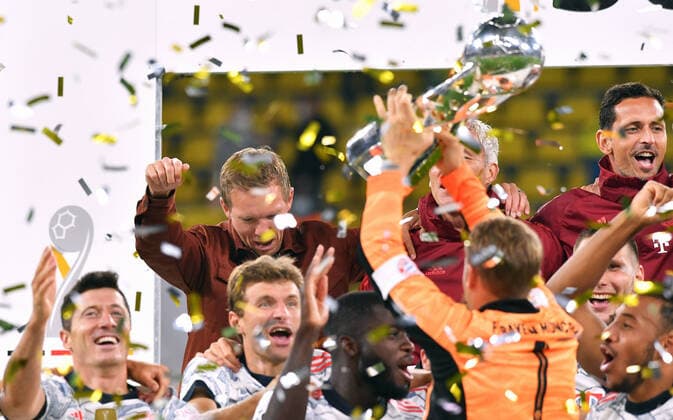 Football, Bundesliga, Germany, men, season 2021 2022, Supercup, Signal Iduna Park Dortmund Bor Dortmund, BVB yellow FC Bayern Munich, FCB white 1 3 head coach Julian Nagelsmann FCB wins his first trophy with Bayern jubilation, joy, action DFB DFL REGULATES PROHIBIT ANY USE OF PHOTOGRAPHS AS IMAGE SEQUENCES AND OR QUASI VIDEO