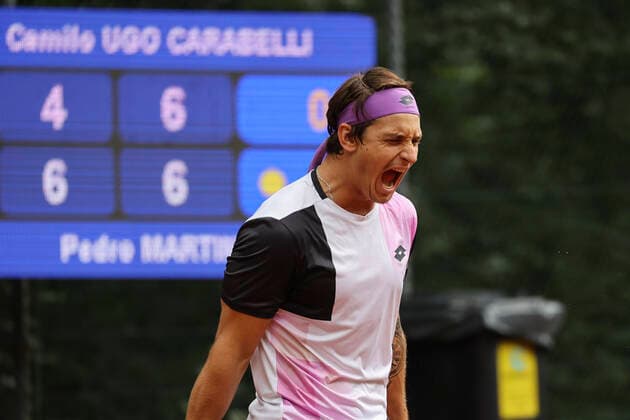 Camilo Ugo Carabelli cheers after victory, jubilation, joy, emotion Tennis Sauerland Open2021 ATP Challenger Tour Luedenscheid Tennis Verein Luedenscheid Nordrhein Westfalen Germany 18 August 2021 Copyright: xJuergenxHasenkopfx