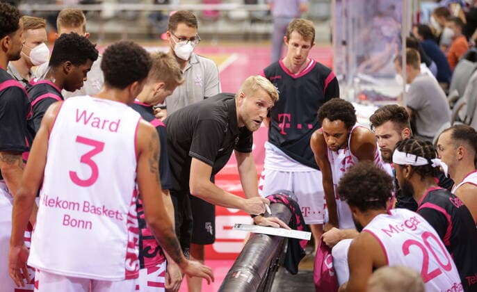 Coach Tuomas Iisalo with team Telekom Baskets Bonn , test match vs RheinStars Cologne easyCredit BBL 1 Bundesliga , season 2021 2022
